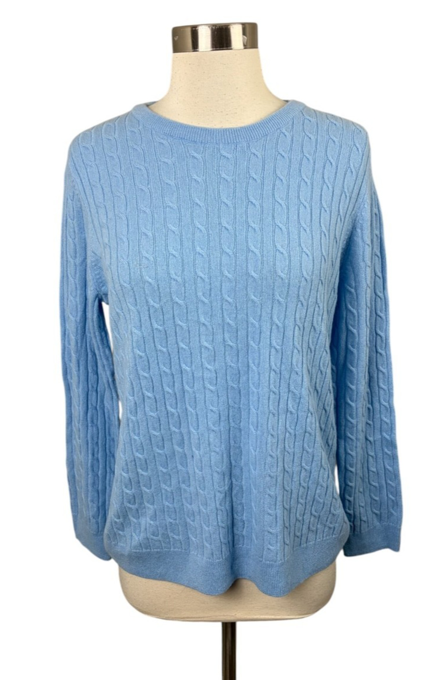 Woolovers NEW Merino & Cashmere Cable Crew Neck Jumper Sweater Soft Blue Size M